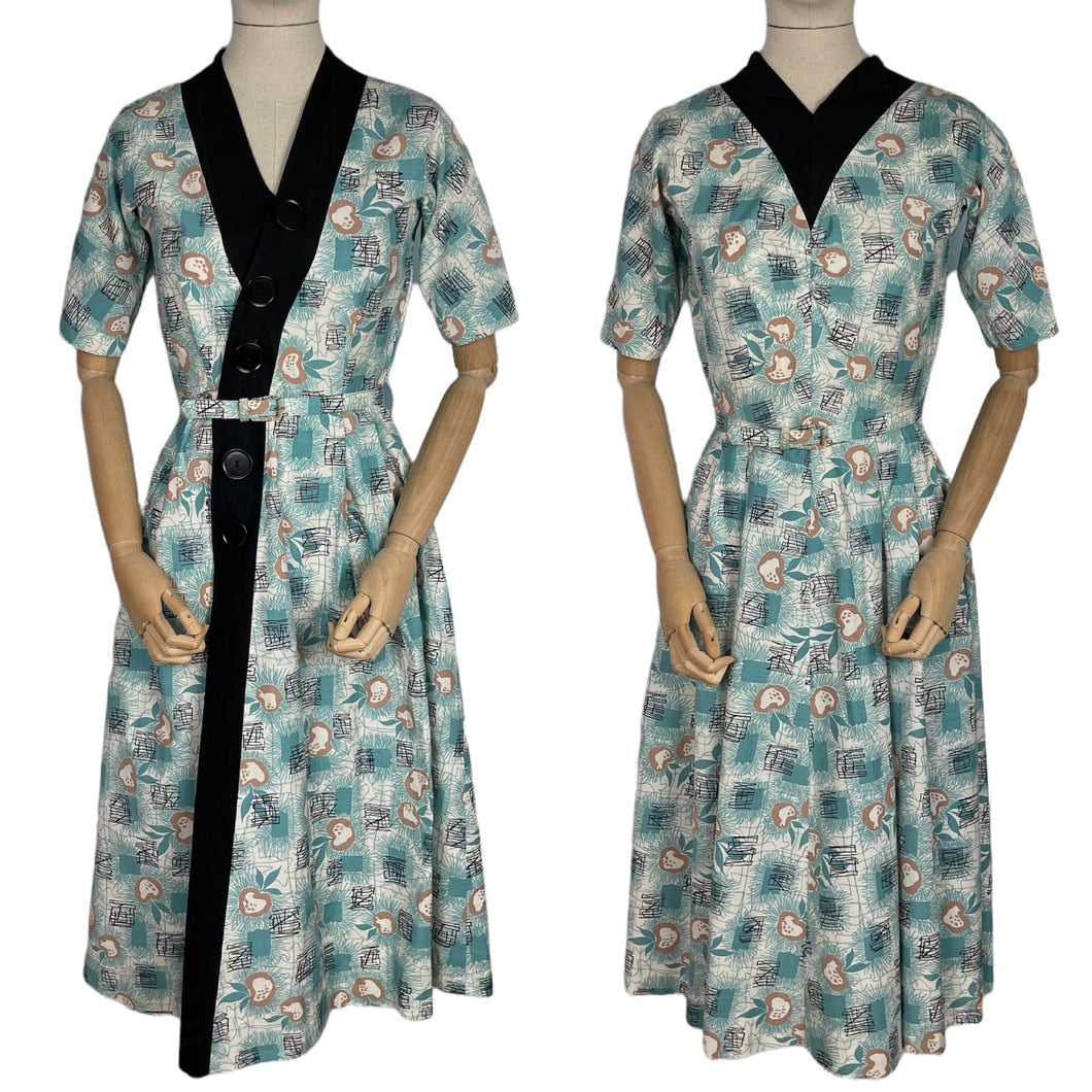 Original 1950's Ann Foster Atomic Print Belted Day Dress in Teal, White and Black - Reviersible - Bust 34