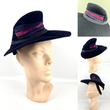Load image into Gallery viewer, Original 1930&#39;s Midnight Blue Felt Hat with Crepe and Pink Velvet Trim - Classic Piece

