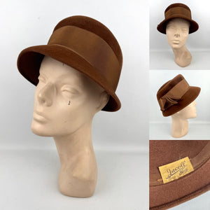 Original 1950’s Warm Brown Felt Hat with Wide Grosgrain Ribbon Trim by Jacoll