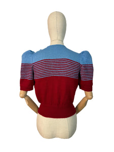 Reproduction 1940's Striped Jumper in Ruby Red and Niagra Blue with Full Pull Sleeves - Bust 34 35