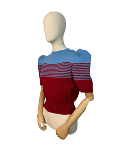 Reproduction 1940's Striped Jumper in Ruby Red and Niagra Blue with Full Pull Sleeves - Bust 34 35