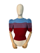 Load image into Gallery viewer, Reproduction 1940&#39;s Striped Jumper in Ruby Red and Niagra Blue with Full Pull Sleeves - Bust 34 35
