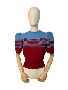 Reproduction 1940's Striped Jumper in Ruby Red and Niagra Blue with Full Pull Sleeves - Bust 34 35