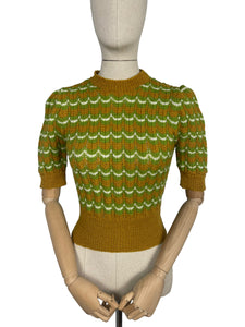 Reproduction 1940's Victory Jumper in Mustard, Green and White Hand Knitted from a WW2 Pattern by Home Notes - Bust 34