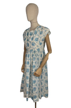 Load image into Gallery viewer, Original 1950&#39;s White and Blue Nylon Day Dress with Pretty Roses Print - Bust 34 36
