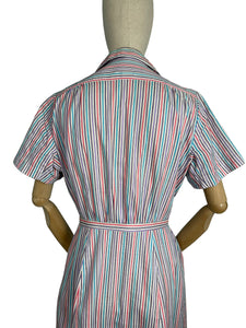 Original Late 1940's White Stripe Summer Dress in Purple, Pink, Turquoise and Black - Bust 40 42