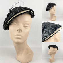 Load image into Gallery viewer, Original 1930&#39;s Black and White Lacquered Raffia Hat with Feather Trim
