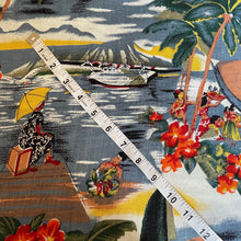 Load image into Gallery viewer, Hawaiian Themed Floppy Cotton Rayon Dressmaking Fabric with Palm Trees, Sea Plane, Boat and People - 56&quot; x 70&quot;
