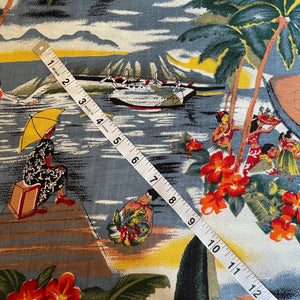 Hawaiian Themed Floppy Cotton Rayon Dressmaking Fabric with Palm Trees, Sea Plane, Boat and People - 56" x 70"