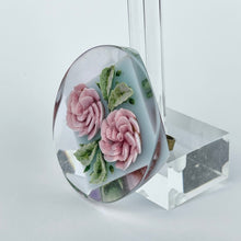 Load image into Gallery viewer, Original 1940&#39;s 1950&#39;s Reverse Carved Lucite Brooch with Pale Pink Double Roses set on Baby Blue Background *
