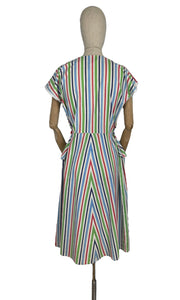 Original 1940's Lightweight Summer Dress in Stripes of Blue, Red and Green on White - Bust 38 40
