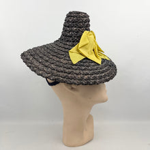 Load image into Gallery viewer, Original 1930’s 1940’s Navy Blue Conical Straw Hat with Large Double Bow Ribbon Trim in Chartreuse
