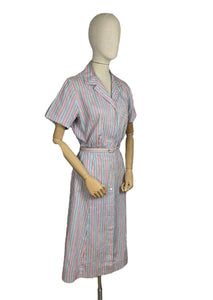 Original Late 1940's White Stripe Summer Dress in Purple, Pink, Turquoise and Black - Bust 40 42