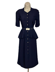 Original 1930's Navy Blue Crepe Belted Day Dress with Half Peplum and Two-Tone Buttons - Bust 32" *