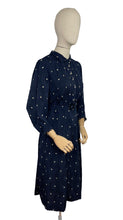 Load image into Gallery viewer, Original 1930&#39;s Navy Silk Belted Day Dress with Cream Polka Dots - Bust 36 38
