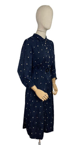 Original 1930's Navy Silk Belted Day Dress with Cream Polka Dots - Bust 36 38