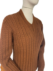 Reproduction Hand Knitted Jumper in Warm Brown with Long Sleeves - Bust 36 38