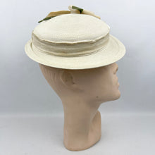 Load image into Gallery viewer, Original 1940’s 1950’s Cream Straw Hat with Velvet Trim and Large Fabric Rose

