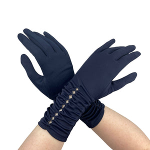 Charming Vintage Navy Blue Nylon Gloves with Diamond Openwork Detail on the Wrist - Size 6.5