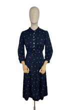 Load image into Gallery viewer, Original 1930&#39;s Navy Silk Belted Day Dress with Cream Polka Dots - Bust 36 38
