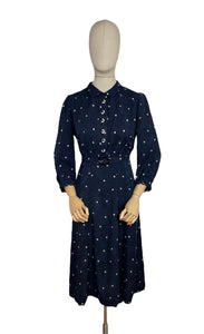 Original 1930's Navy Silk Belted Day Dress with Cream Polka Dots - Bust 36 38