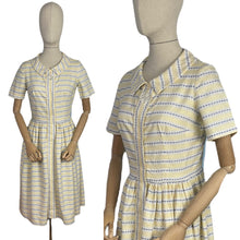 Load image into Gallery viewer, Original 1950&#39;s Thick Cotton Zip Front Dress in White, Yellow and Blue Stripe - Bust 36
