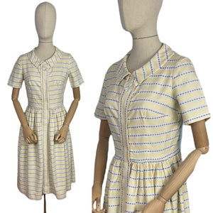 Original 1950's Thick Cotton Zip Front Dress in White, Yellow and Blue Stripe - Bust 36