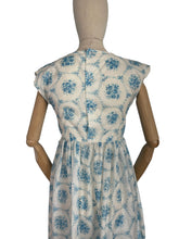 Load image into Gallery viewer, Original 1950&#39;s White and Blue Nylon Day Dress with Pretty Roses Print - Bust 34 36
