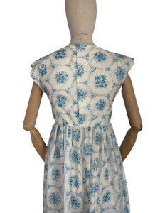 Original 1950's White and Blue Nylon Day Dress with Pretty Roses Print - Bust 34 36