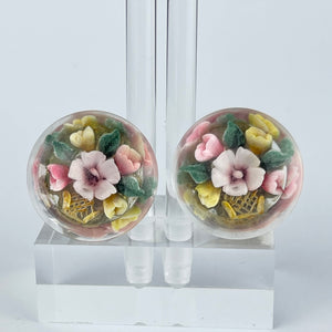 Original 1940's 1950s Reverse Carved Lucite Clip on Earrings with Vases of Flowers