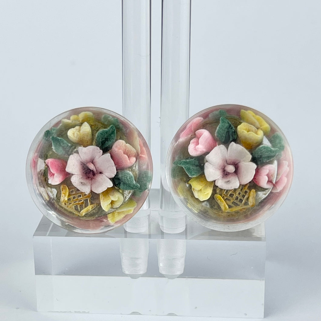 Original 1940's 1950s Reverse Carved Lucite Clip on Earrings with Vases of Flowers