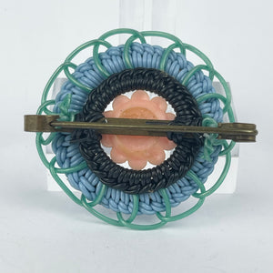 Original 1940's Pink, Green, Blue and Black Wartime Make Do and Mend Brooch with Flower Button Trim