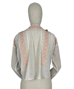 Original 1920's 1930's Hand Embroidered Muslin Blouse - Stunning Apricot Silk Geometric Embroidery - Bust 36 38 *