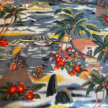 Load image into Gallery viewer, Hawaiian Themed Floppy Cotton Rayon Dressmaking Fabric with Palm Trees, Sea Plane, Boat and People - 56&quot; x 70&quot;
