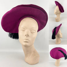 Load image into Gallery viewer, Original Huge 1940&#39;s Cerise Pink Seamed Fabric Hat with Black Tassel Trim
