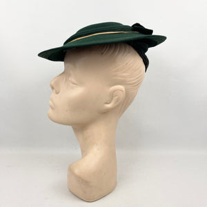 Original 1940’s Dark Green Felt Pancake Hat with Felt Bow Trim