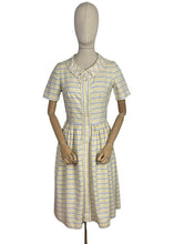 Load image into Gallery viewer, Original 1950&#39;s Thick Cotton Zip Front Dress in White, Yellow and Blue Stripe - Bust 36
