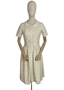 Original 1950's Thick Cotton Zip Front Dress in White, Yellow and Blue Stripe - Bust 36