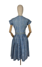 Load image into Gallery viewer, Original 1950&#39;s Blue and White Houndstooth Print Belted Peggy Petite by Peggy Page Dress - Bust 34 *
