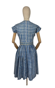 Original 1950's Blue and White Houndstooth Print Belted Peggy Petite by Peggy Page Dress - Bust 34 *