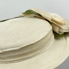 Load image into Gallery viewer, Original 1940’s 1950’s Cream Straw Hat with Velvet Trim and Large Fabric Rose
