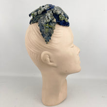 Load image into Gallery viewer, Original 1950’s Flower and Leaf Half Hat in Soft Blue and Green with Double Bow Trim
