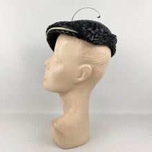 Load image into Gallery viewer, Original 1930&#39;s Black and White Lacquered Raffia Hat with Feather Trim
