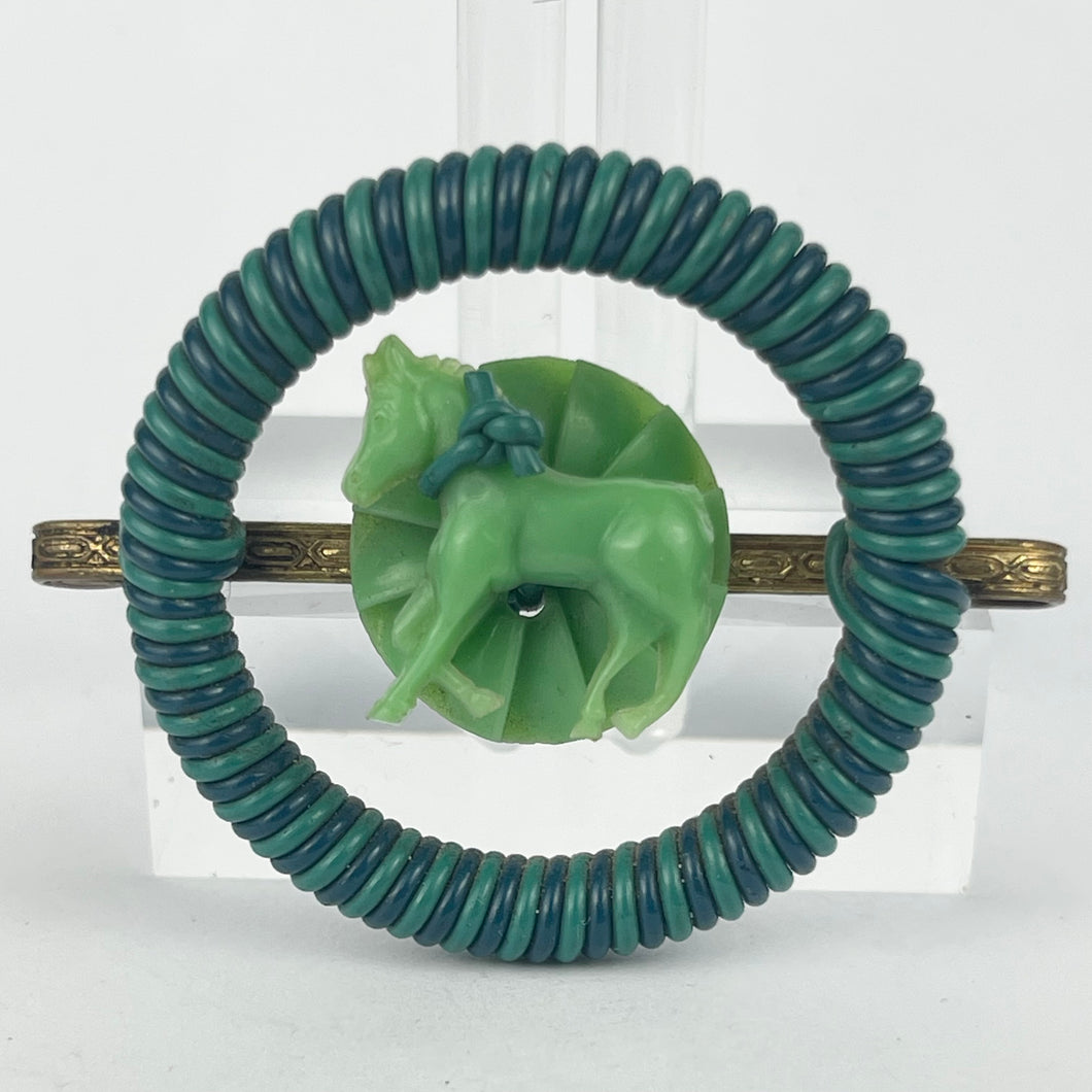 Original 1940's Green and Blue Wartime Make Do and Mend Brooch Pretty Green Horse and Button Trim