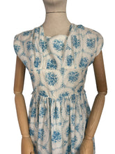 Load image into Gallery viewer, Original 1950&#39;s White and Blue Nylon Day Dress with Pretty Roses Print - Bust 34 36
