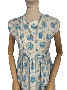 Original 1950's White and Blue Nylon Day Dress with Pretty Roses Print - Bust 34 36