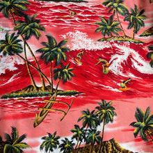 Load image into Gallery viewer, Red Hawaiian Themed Fabric with Surfers and Palm Trees - 100% Cotton Dressmaking Fabric - 44&quot; x 72&quot;
