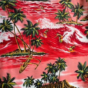Red Hawaiian Themed Fabric with Surfers and Palm Trees - 100% Cotton Dressmaking Fabric - 44" x 72"