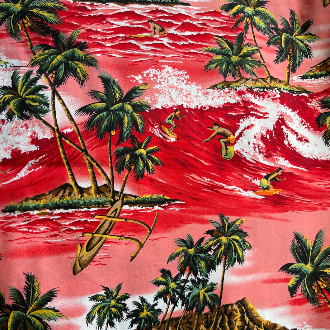 Red Hawaiian Themed Fabric with Surfers and Palm Trees - 100% Cotton Dressmaking Fabric - 44