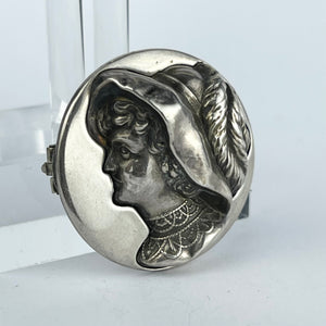 Antique Edwardian Hallmarked Silver Brooch Featuring a Lady in a Feather Hat